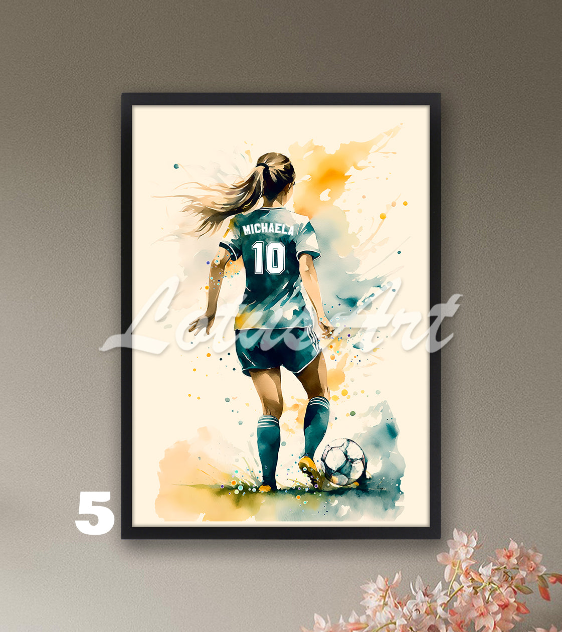 Personalized soccer girl watercolor sports artwork with custom name & jersey number in teal tones - girls room wall art