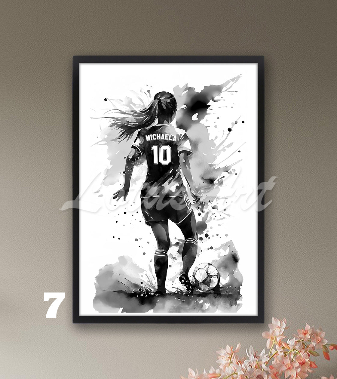 Personalized soccer girl watercolor sports poster with custom name & jersey number in black and white - girls room wall art