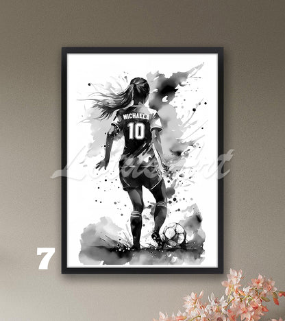 Personalized soccer girl watercolor sports poster with custom name & jersey number in black and white - girls room wall art