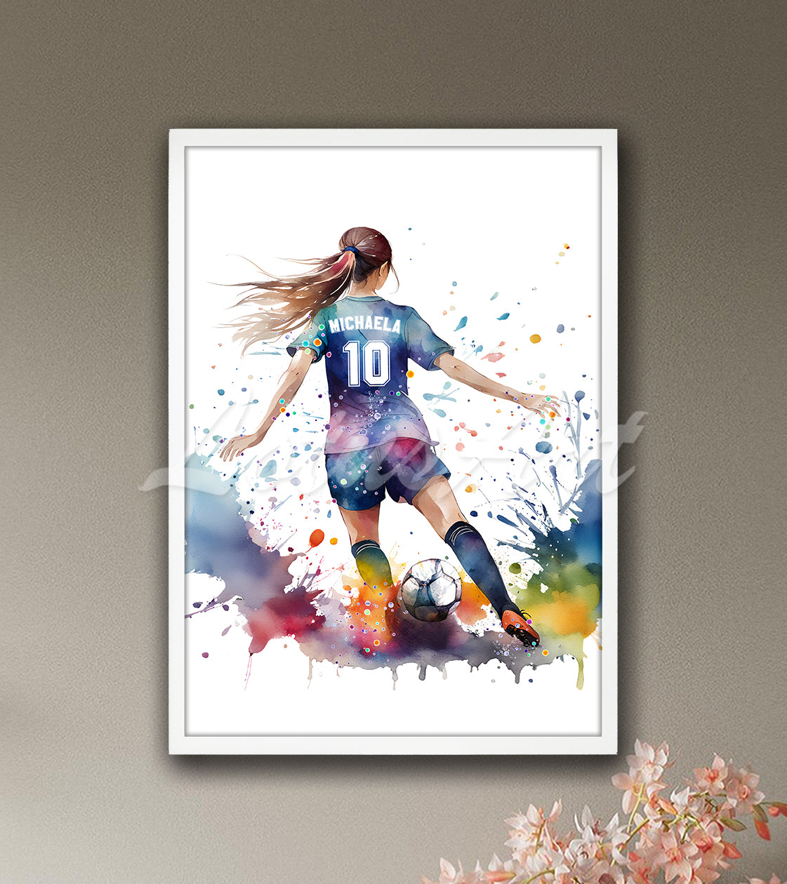 Personalized soccer girl watercolor sports art with custom name & jersey number in blue tones in white wooden frame - girls room wall decor