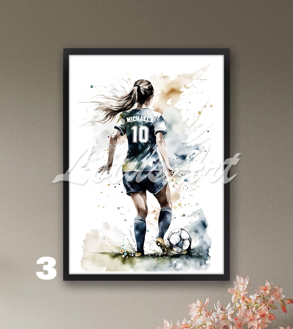 Personalized soccer girl watercolor sports art print with custom name & jersey number - girls room wall decor