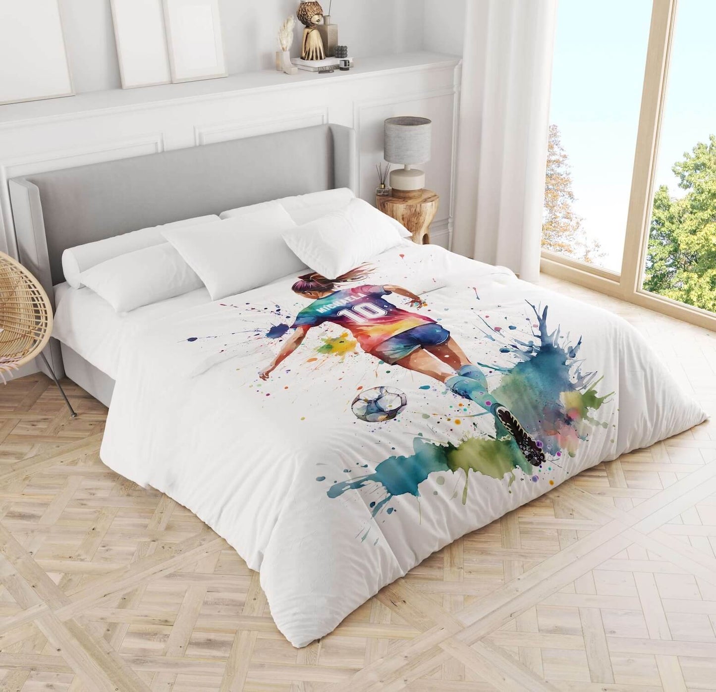 Soccer girl duvet cover personalized bedding - watercolor sports art on bed in bright bedroom