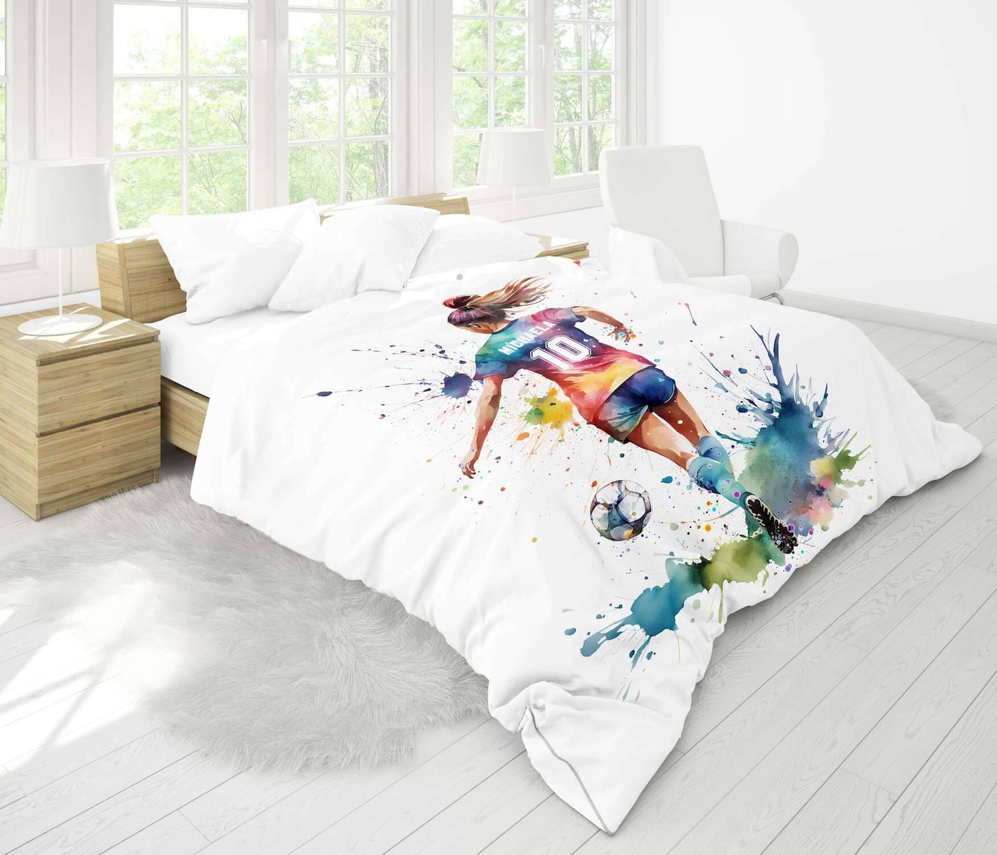 Soccer girl duvet cover personalized sports bedding - folded close-up showing watercolor art