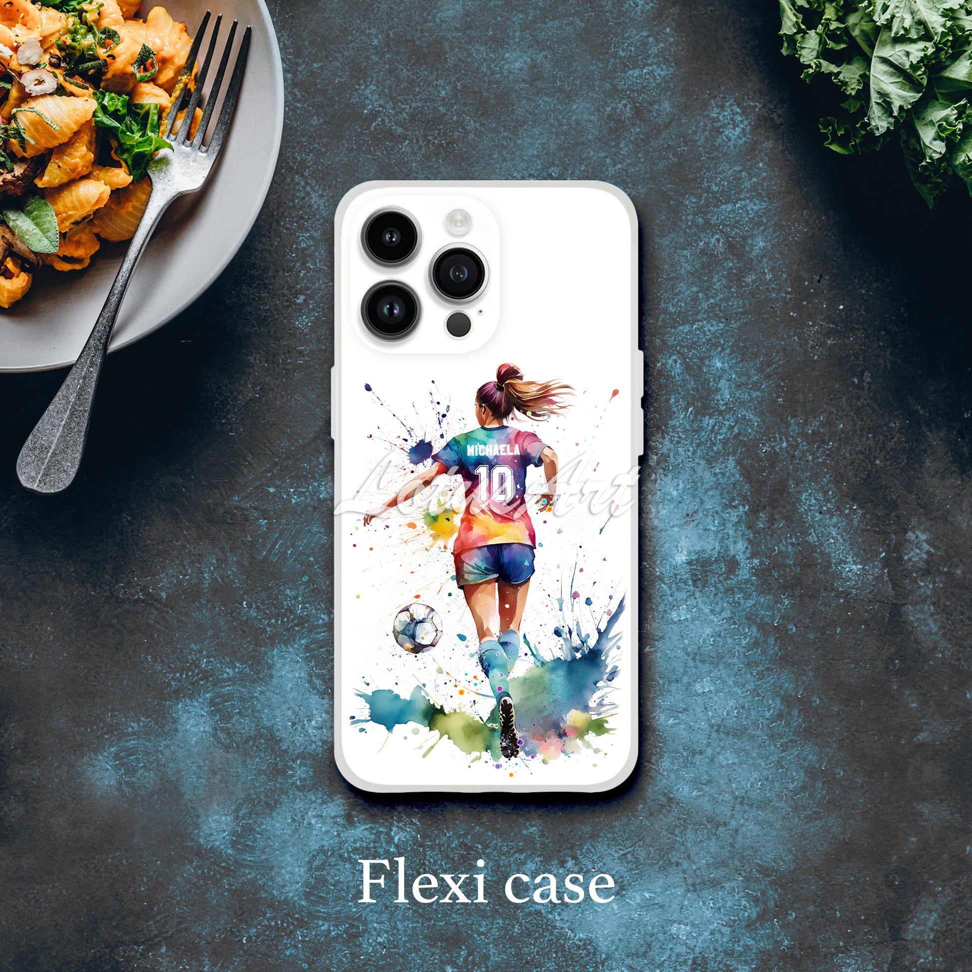 Personalized soccer girl watercolor sports phone case art gift, custom football player iPhone Samsung cover for girls
