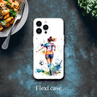 Personalized soccer girl watercolor sports phone case art gift, custom football player iPhone Samsung cover for girls