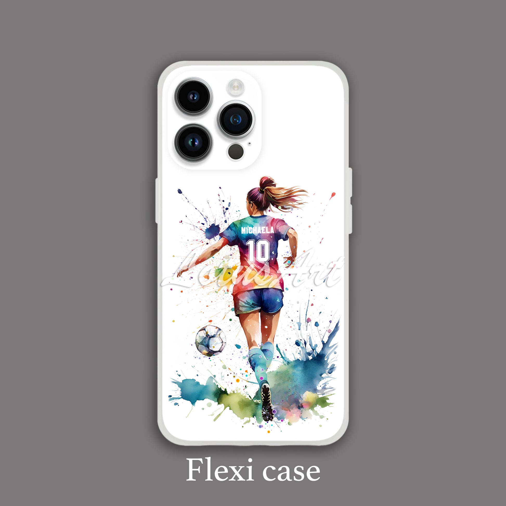 Personalized soccer girl watercolor sports phone case art in flexi case style, custom football player cover for girls