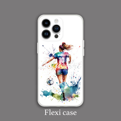 Personalized soccer girl watercolor sports phone case art in flexi case style, custom football player cover for girls