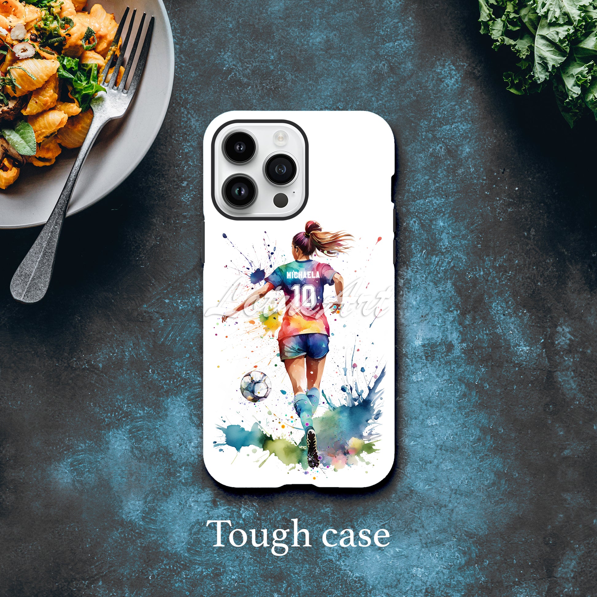 Personalized soccer girl watercolor sports phone case in tough case style on dark background, custom football player cover