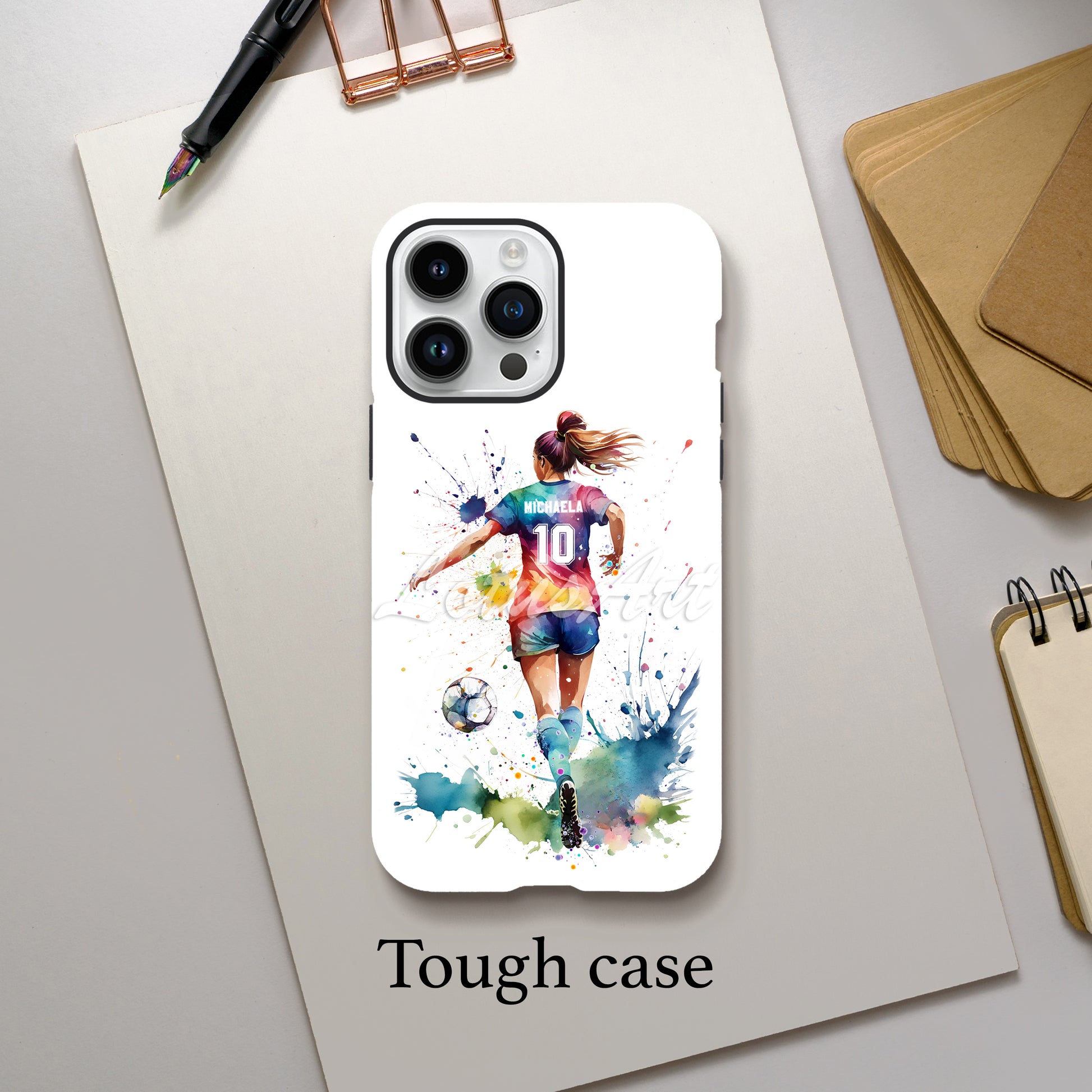 Personalized soccer girl watercolor sports phone case gift, custom football player iPhone Samsung cover for girls