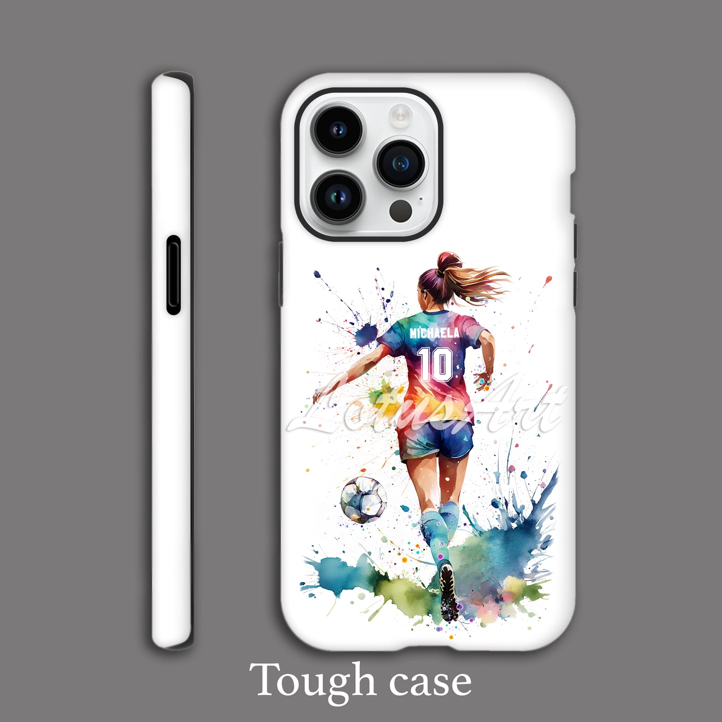 Personalized soccer girl watercolor sports phone case print in tough case style, custom football player cover for girls