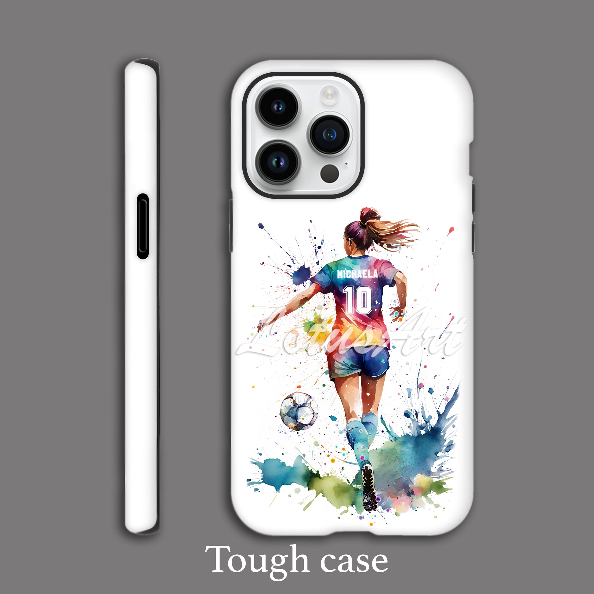 Personalized soccer girl watercolor sports phone case print in tough case style, custom football player cover for girls