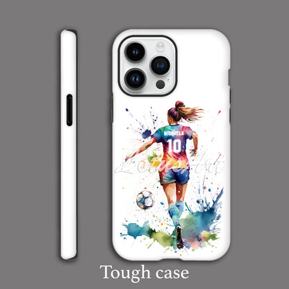 Personalized soccer girl watercolor sports phone case print in tough case style, custom football player cover for girls