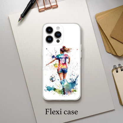 Personalized soccer girl watercolor sports phone case, custom football player iPhone Samsung cover for girls & sport lovers