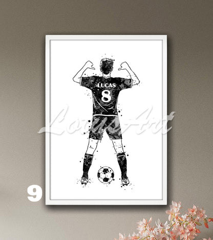 Personalized soccer player watercolor sports art with custom name & jersey number in black & white - kids room decor