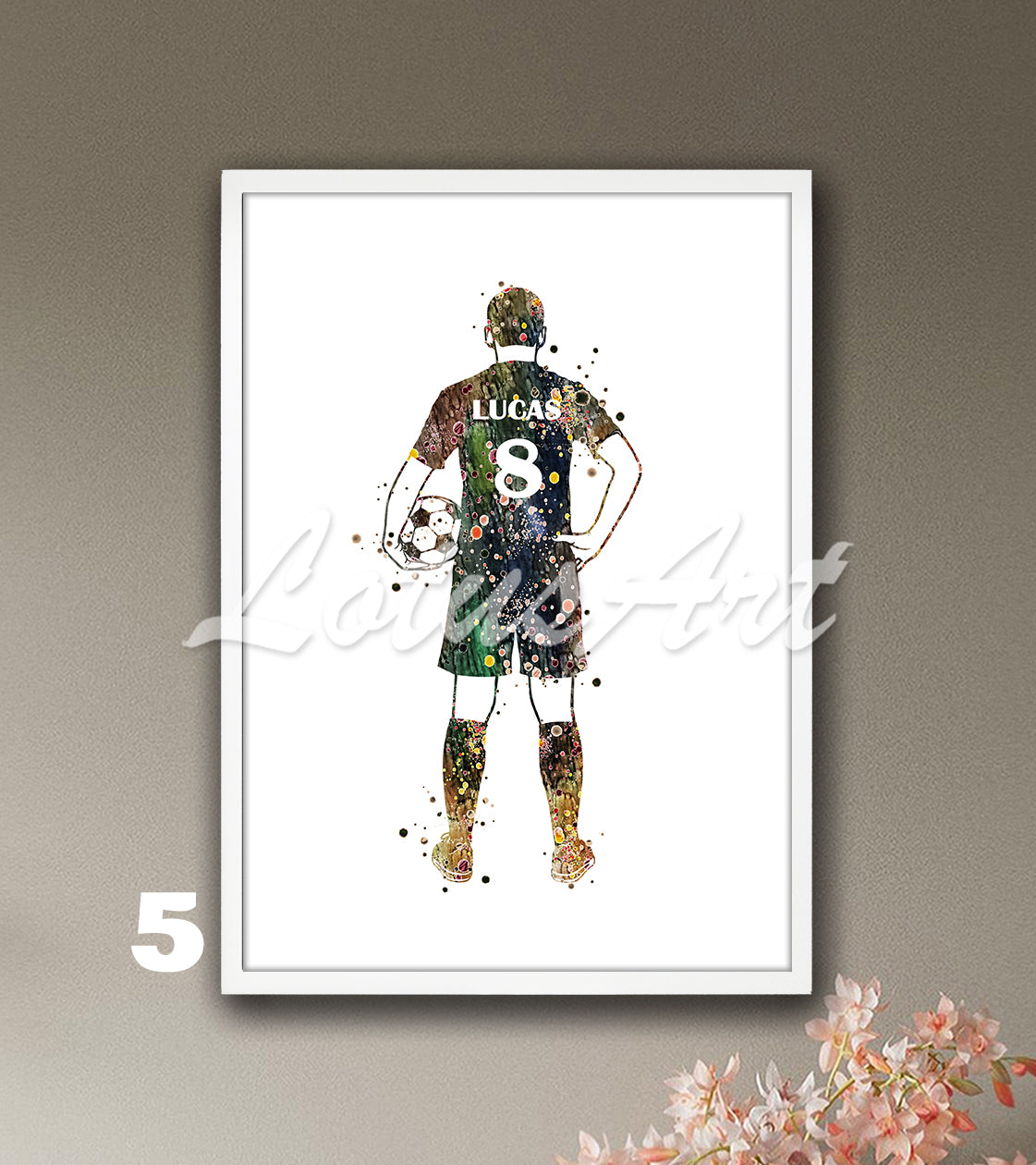 Personalized soccer player watercolor sports painting with custom name & jersey number in brown colors - boys room decor