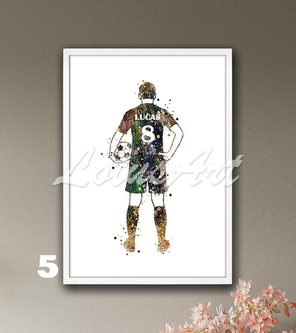 Personalized soccer player watercolor sports painting with custom name & jersey number in brown colors - boys room decor