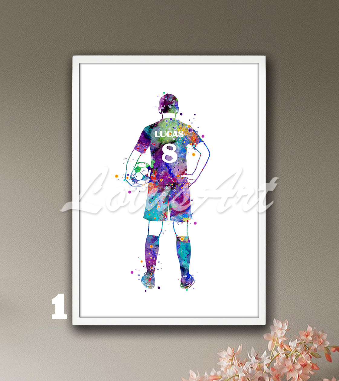 Personalized soccer player watercolor sports art with custom name & jersey number in multicolor tones - boys room wall decor