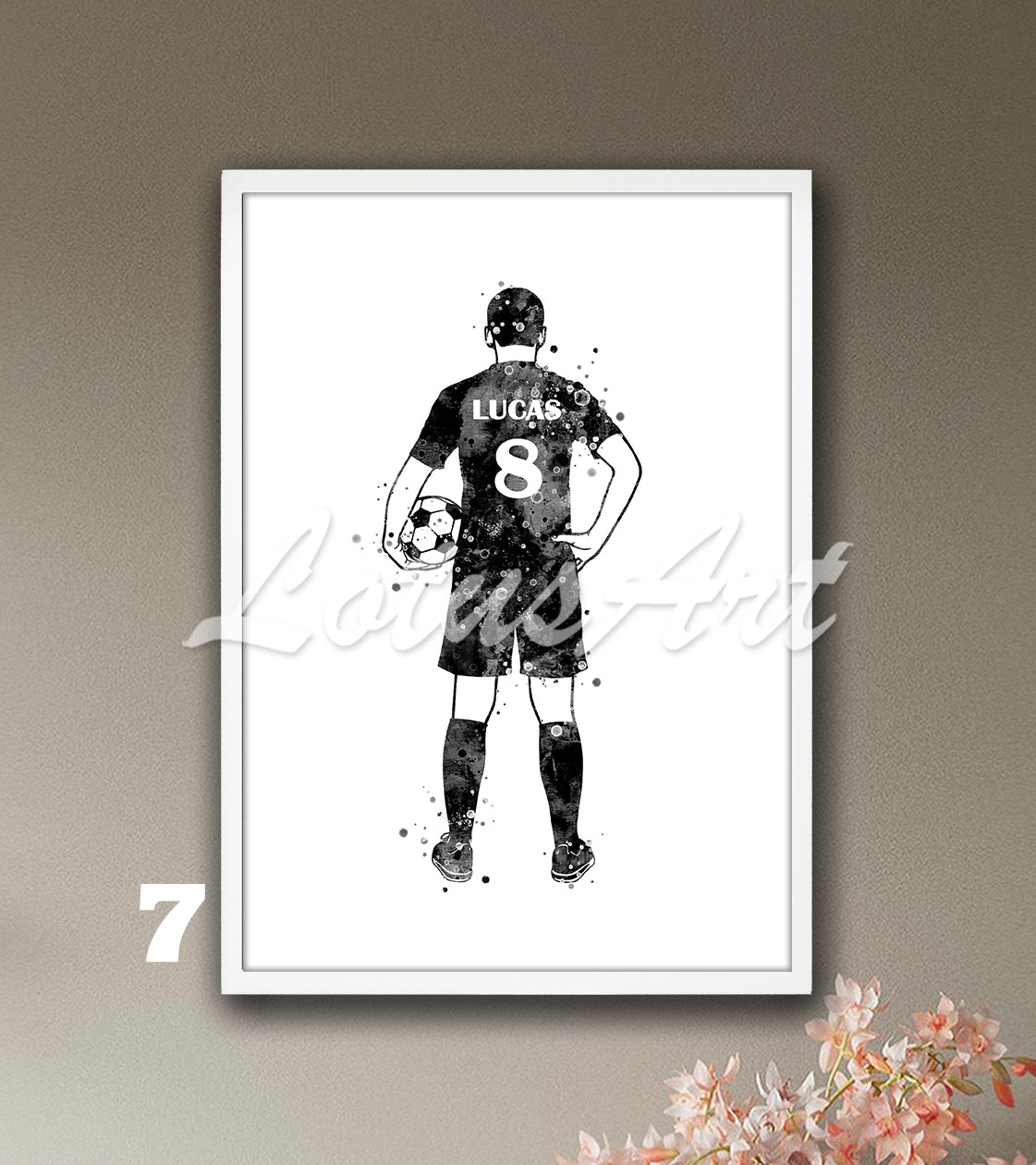Personalized soccer player watercolor sports poster with custom name & jersey number in black-white colors - boys room decor
