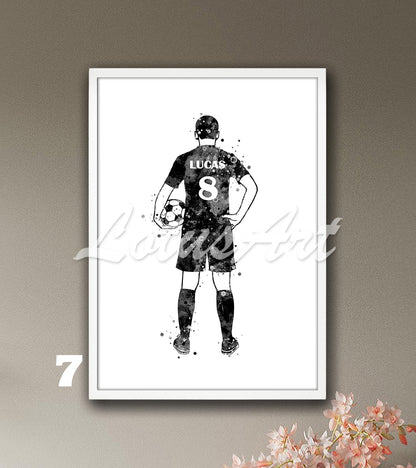 Personalized soccer player watercolor sports poster with custom name & jersey number in black-white colors - boys room decor