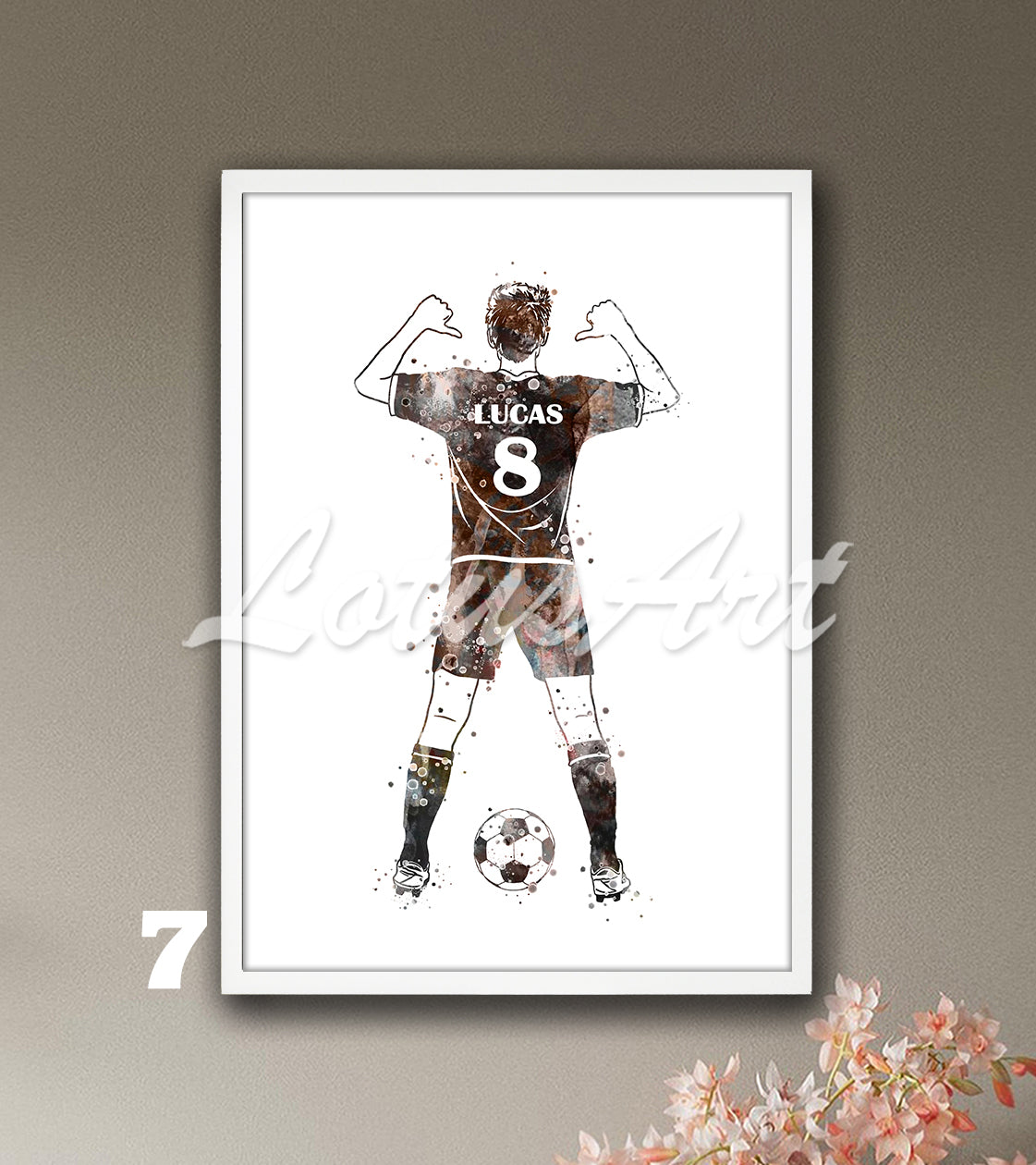 Personalized soccer player watercolor sports art with custom name & jersey number in pastel colors - kids room poster