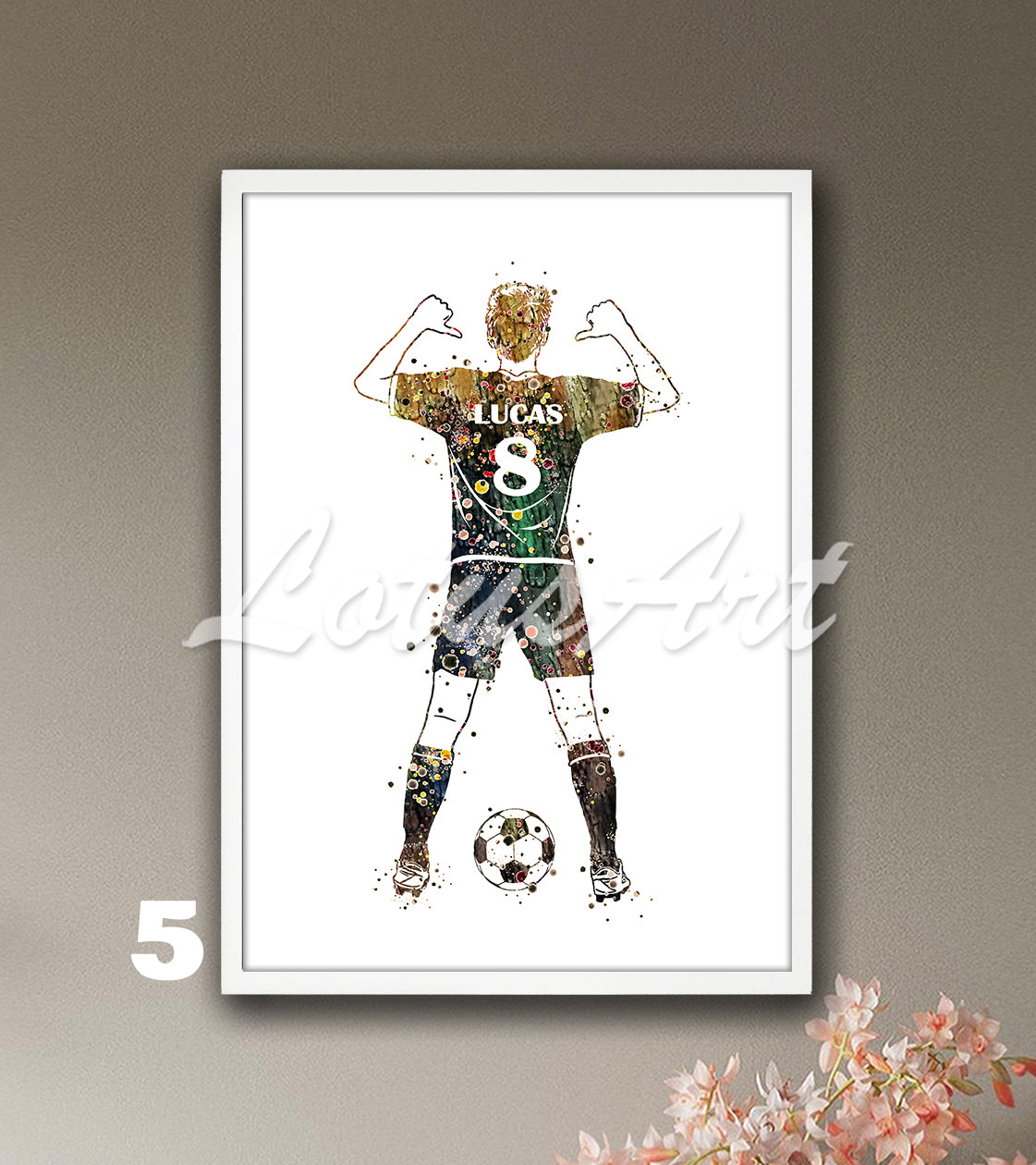 Personalized soccer player watercolor sports art with custom name & jersey number in brown colors - kids room wall art