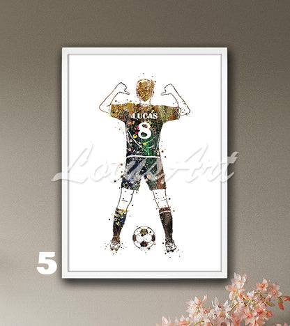 Personalized soccer player watercolor sports art with custom name & jersey number in brown colors - kids room wall art