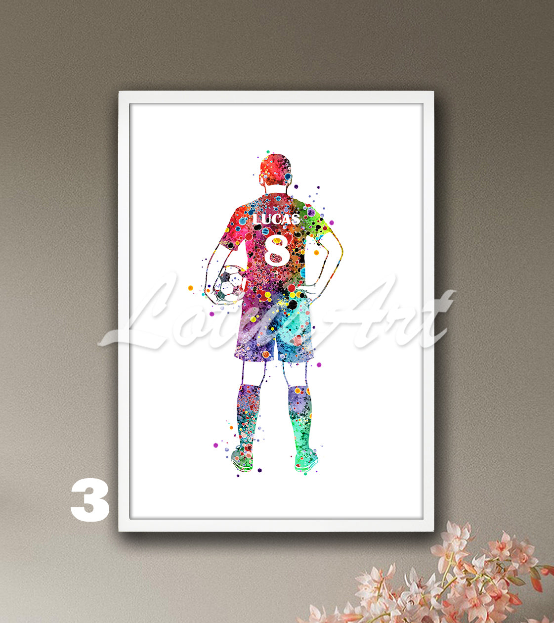 Personalized soccer player watercolor sports art print with custom name & jersey number in rainbow colors - boys room decor