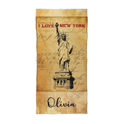 Personalized Statue of Liberty beach towel vintage style custom name, NYC USA travel art front view