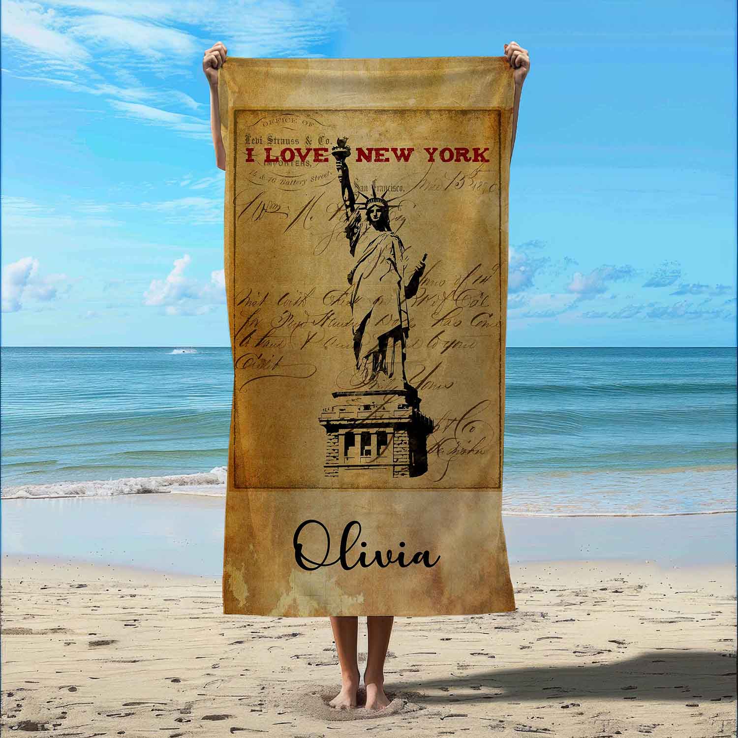 Personalized Statue of Liberty beach towel vintage style custom name, NYC USA travel art lifestyle beach