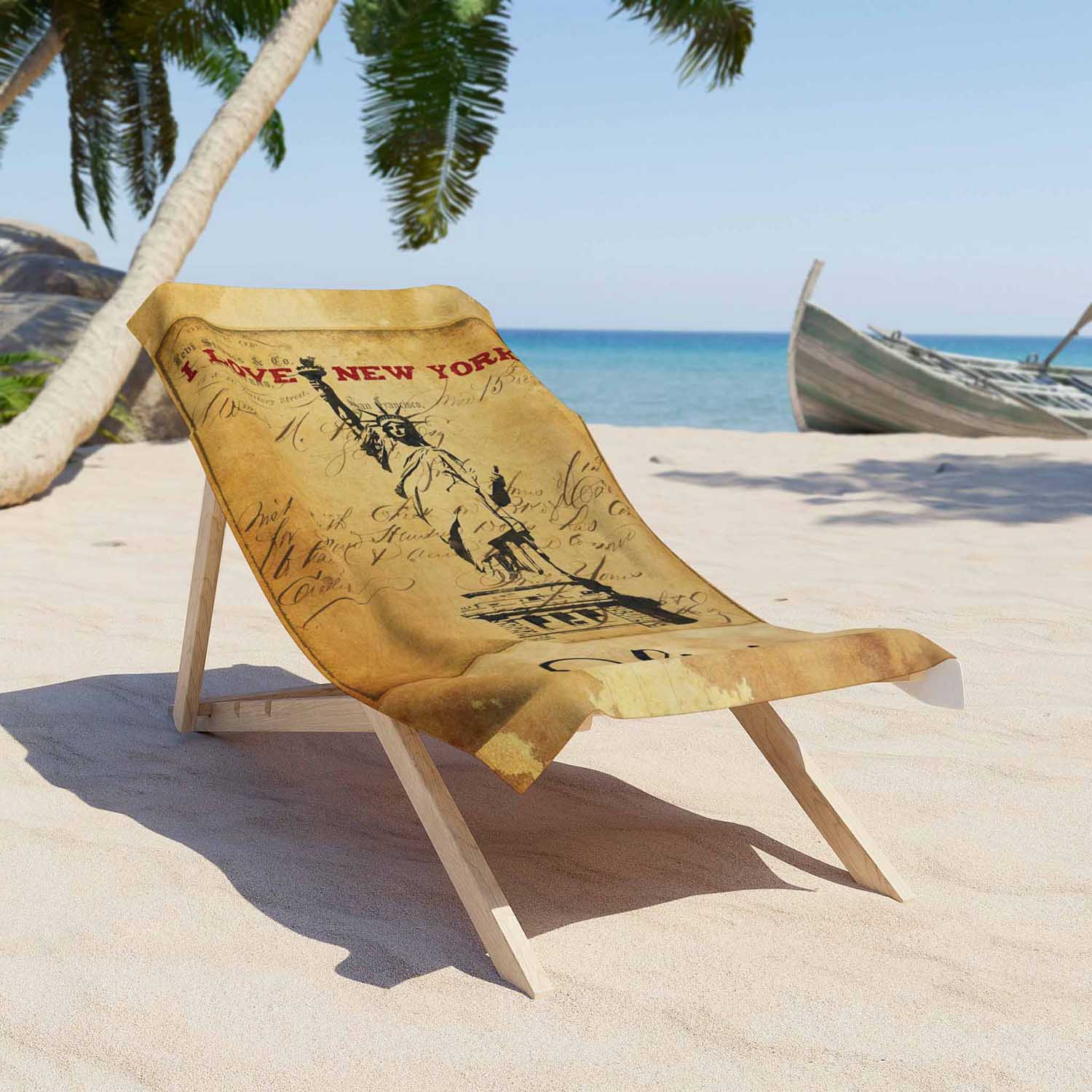 Personalized Statue of Liberty beach towel vintage style custom name, NYC USA travel art on a lounger