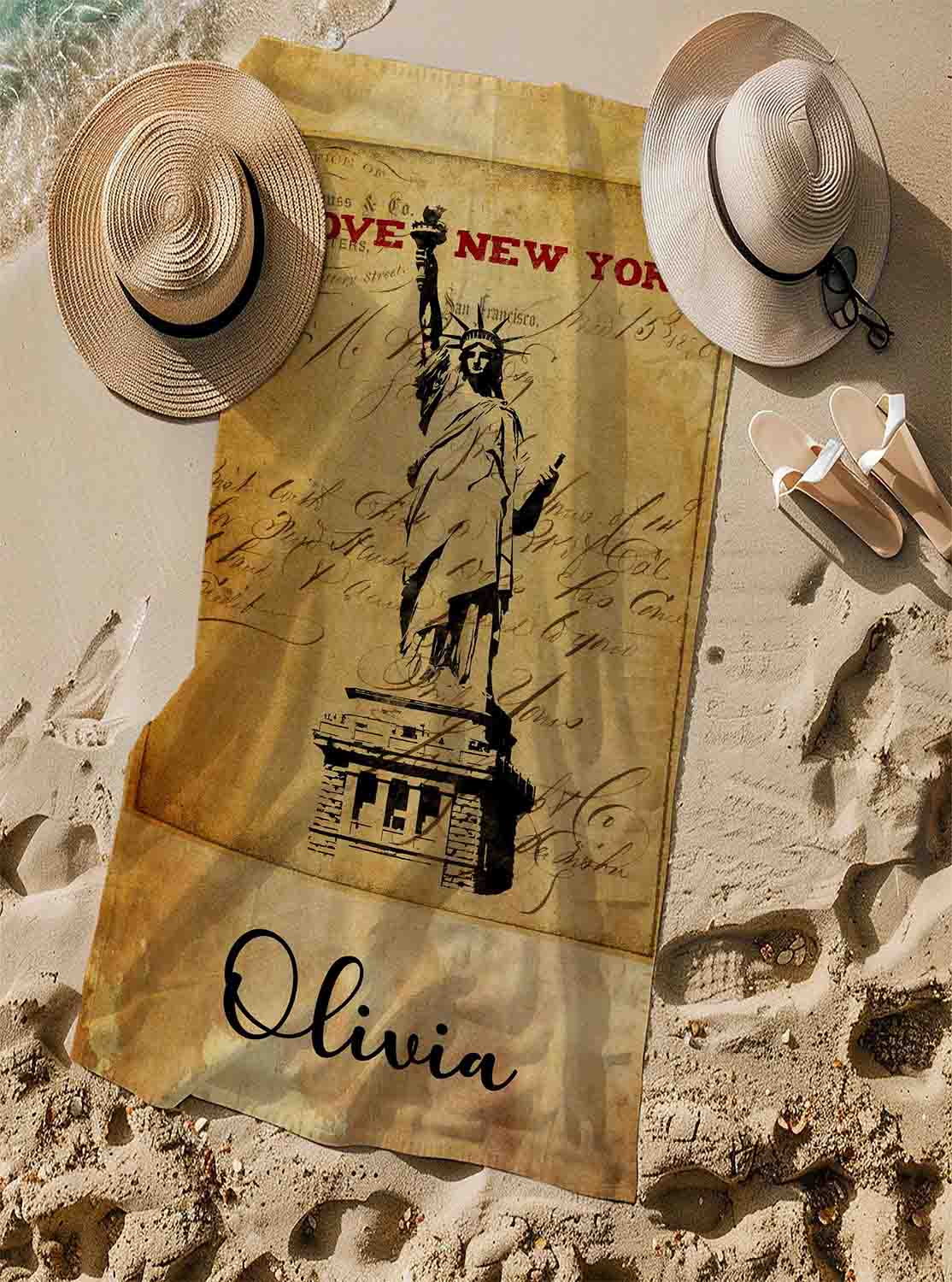 Personalized Statue of Liberty beach towel vintage style custom name, NYC USA travel art lifestyle sand