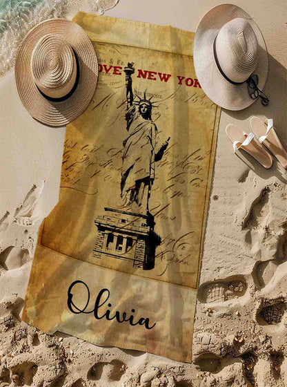 Personalized Statue of Liberty beach towel vintage style custom name, NYC USA travel art lifestyle sand
