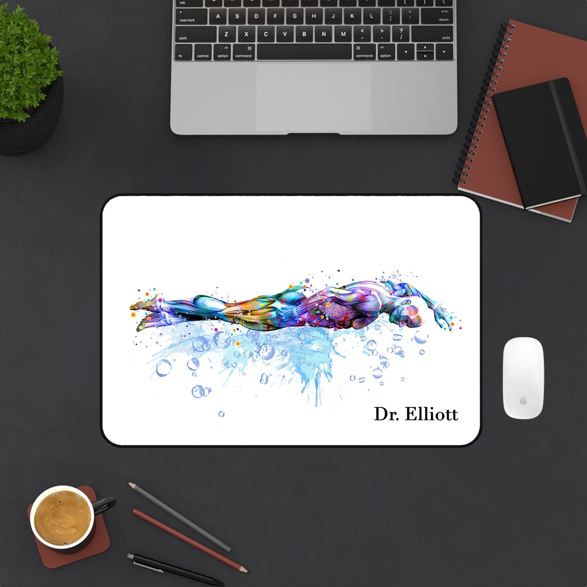 Personalized swimmer muscles anatomy mouse pad with watercolor medical art - custom name desk mat lifestyle