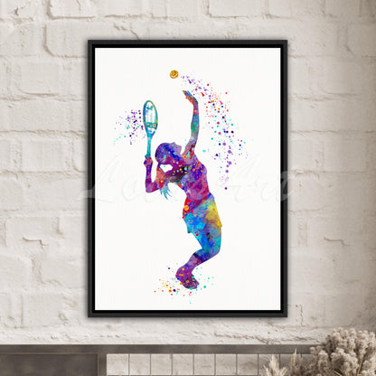 Tennis girl canvas watercolor affordable sports art - multicolor framed print on white brick wall
