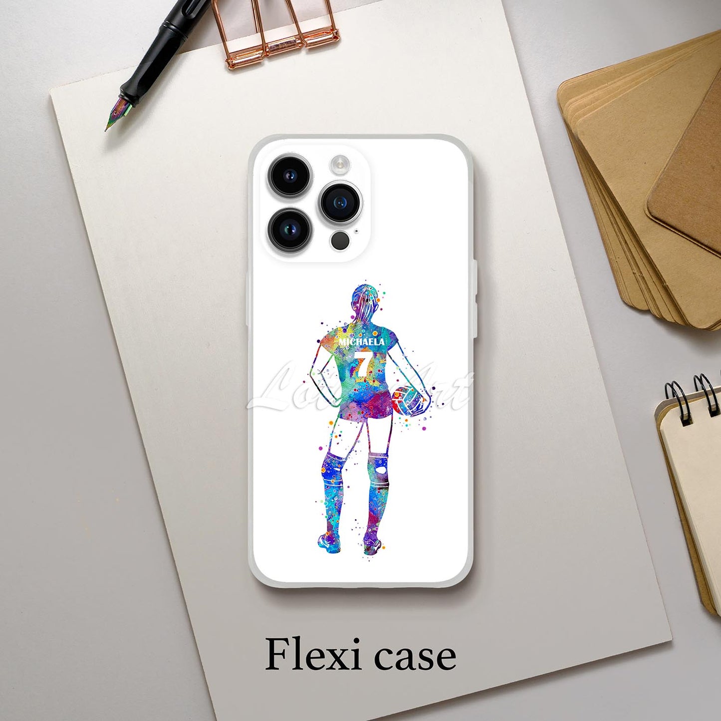 Personalized volleyball girl sports phone case watercolor print, custom name & number, for girl athlete, flexi case lifestyle