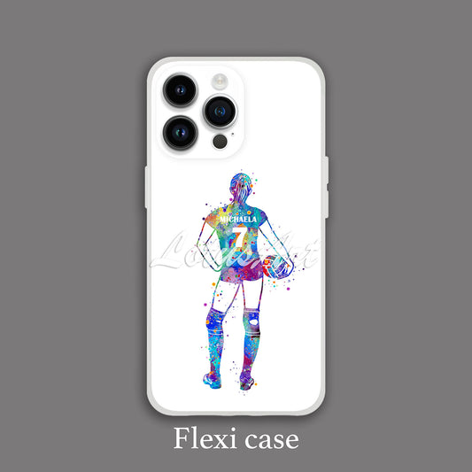 Personalized volleyball girl sports phone case watercolor print, custom name & number, for girl athletes, flexi case iPhone