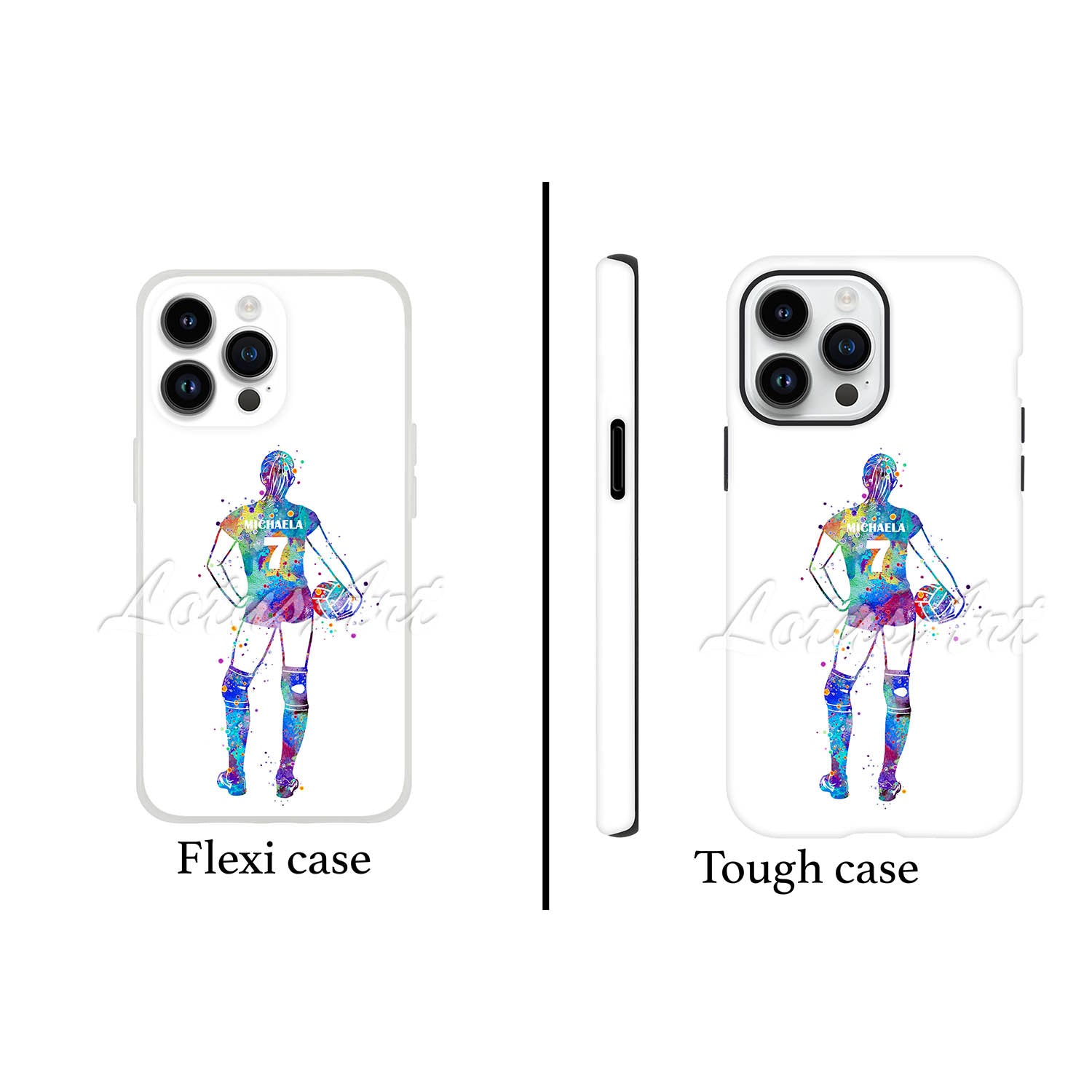 Personalized volleyball girl sports phone case watercolor art with custom name & number, flexi case and tough case front view