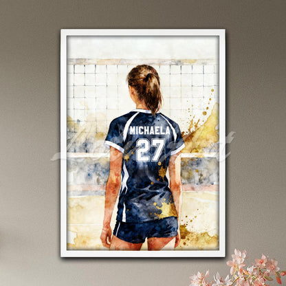Personalized girl volleyball player jersey name & number navy blue golden yellow watercolor print - teen bedroom decor