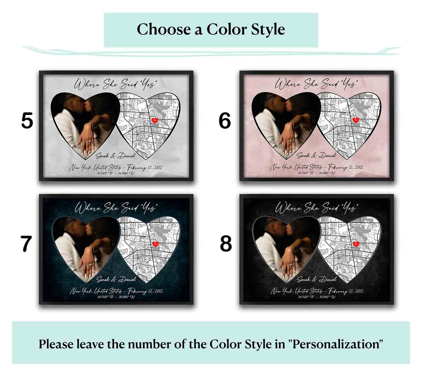 Where She Said Yes custom location map showing color style options, personalized proposal decor & engagement keepsake