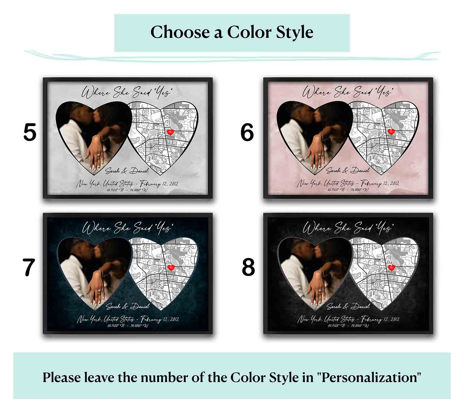 Where She Said Yes custom location map showing color style options, personalized proposal decor & engagement keepsake