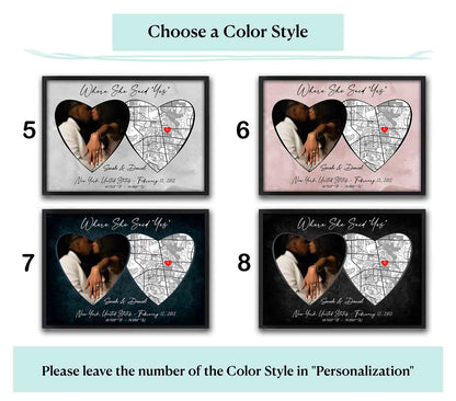 Where She Said Yes custom location map showing color style options, personalized proposal decor & engagement keepsake