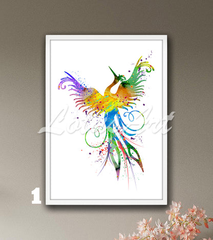 Phoenix Watercolor Wall Art Print – Fantasy Birds Kids Room & Home Decor