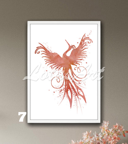 Phoenix Wall Art Print – Fantasy Bird Watercolor Mythical Home Decor
