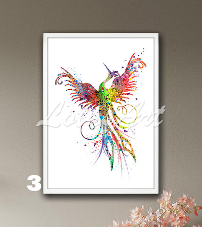 Phoenix Wall Art Print – Fantasy Bird Watercolor Mythical Home Decor