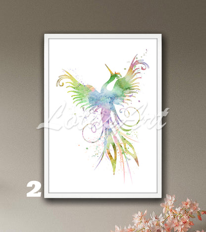 Phoenix Watercolor Wall Art Print – Fantasy Birds Kids Room & Home Decor