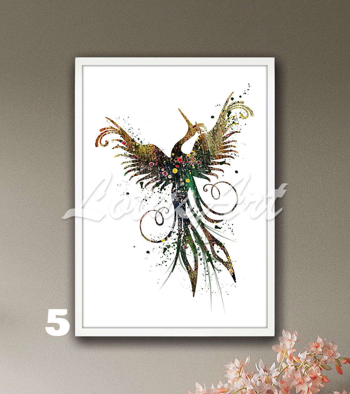 Phoenix watercolor wall art decor for fantasy bird decor in brown and green tones, mythology lover gift