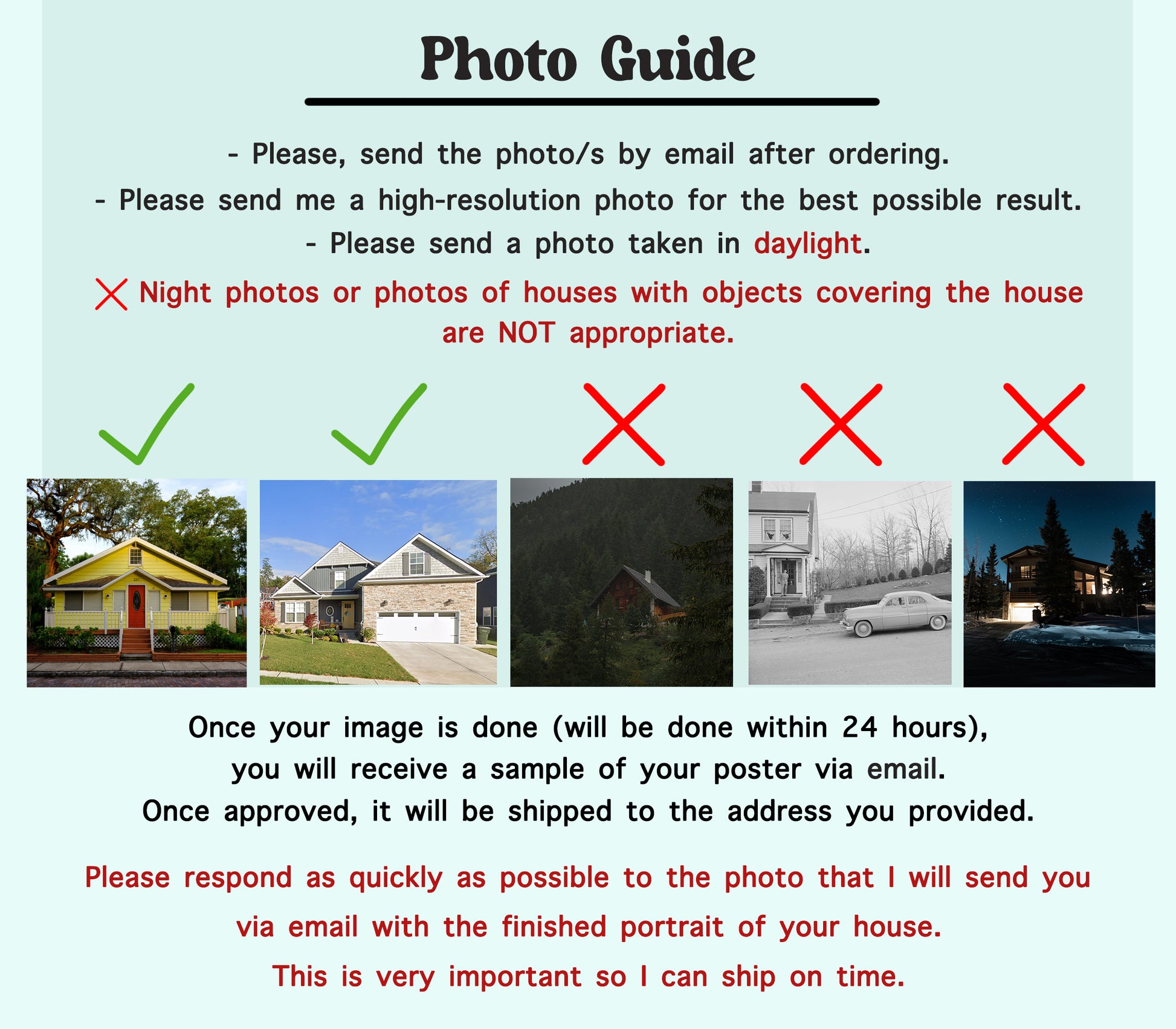 Photo guide for ordering custom watercolor house portrait, how to send your photo for personalized home wall art