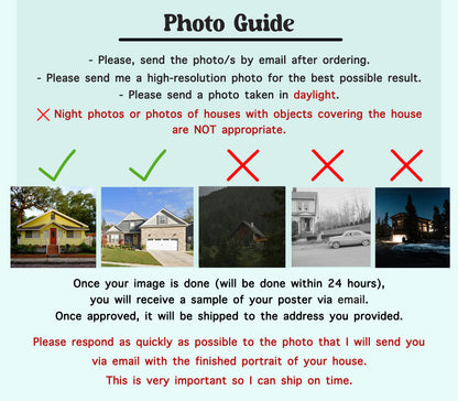 Photo guide for ordering custom watercolor house portrait, how to send your photo for personalized home wall art