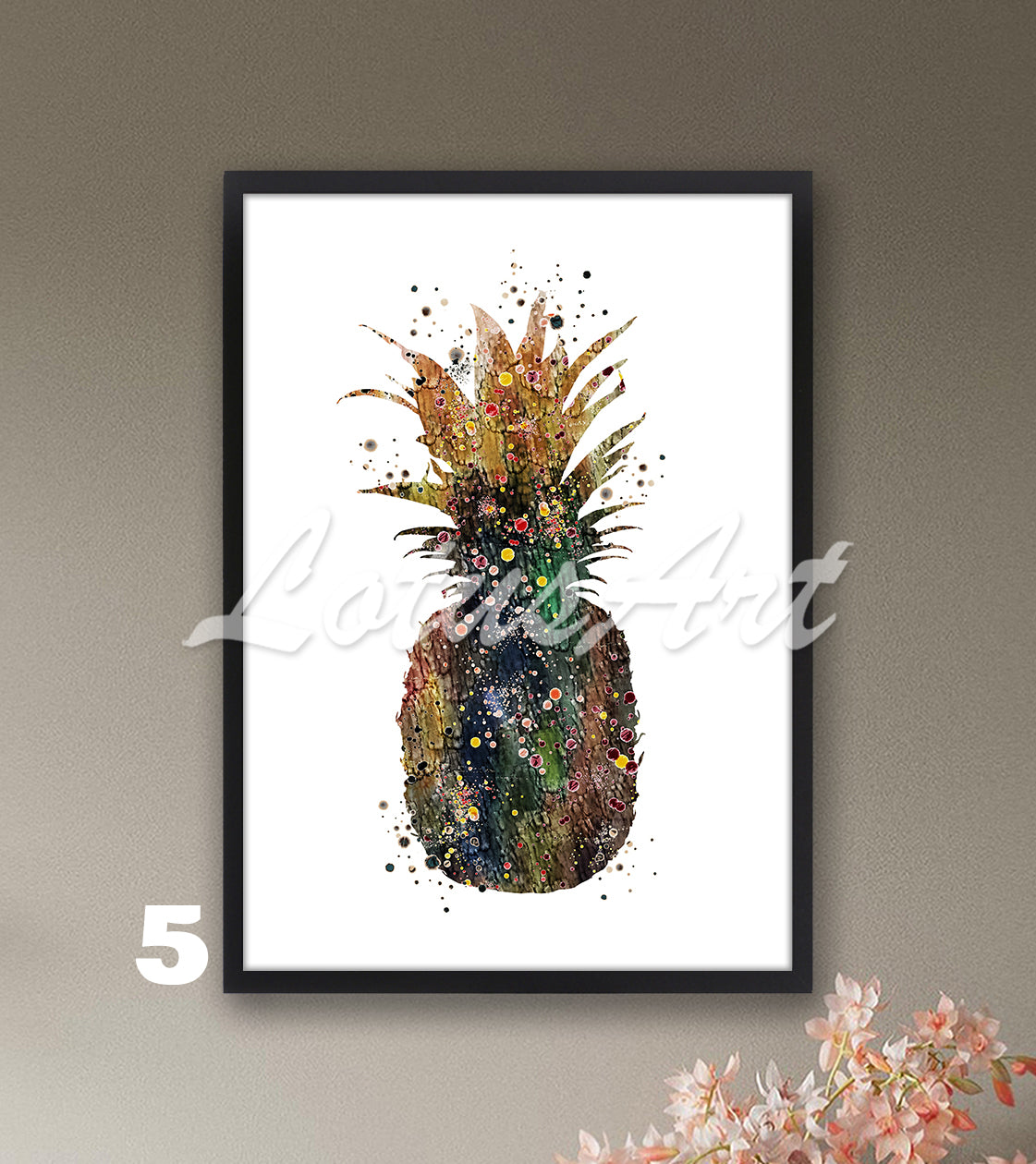 Pineapple watercolor art print for kitchen home decor, bold tropical fruit lover gift in brown tones
