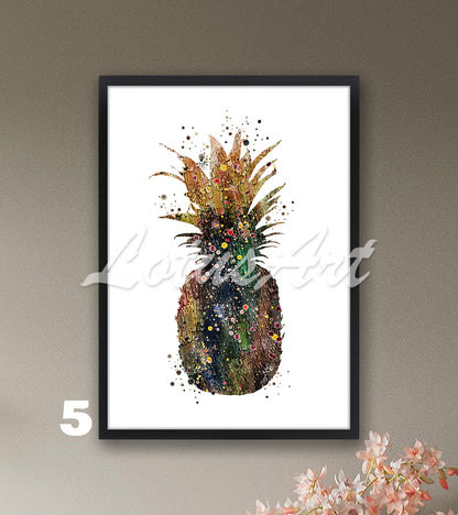 Pineapple watercolor art print for kitchen home decor, bold tropical fruit lover gift in brown tones